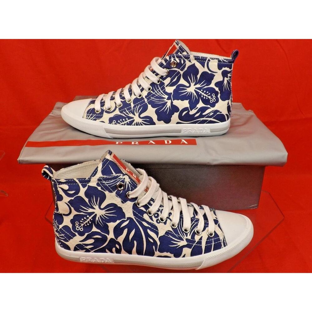 NIB PRADA 3T5731 WHITE BLUE FLORAL DENIM LEATHER CANVAS HIGH TOP SNEAKERS 35.5 - Picture 1 of 9